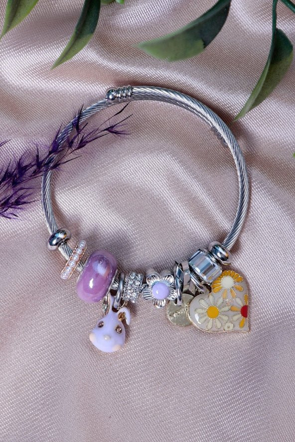 Kadın Charmlı Tavşan Kalp Pandora Çelik Bileklik - 5