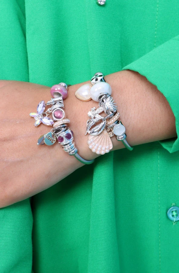 Kadın Charmlı Kelebek  & Deniz Kabuğu Çelik Bileklik 2li ürün görseli