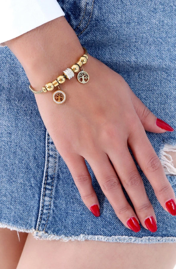 Kadın Taşlı Hayat Ağacı Çelik Bileklik Altın Kaplama Gold - Resim 2