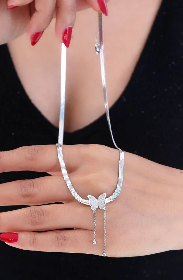 Kadın Ezme Kelebekli Altın Kaplama Çelik Kolye Gümüş Renk - Resim 5