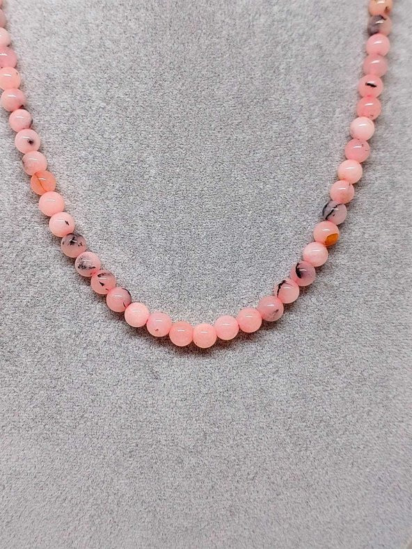 Pembe Siyah Alacalı Opal Taşı Kolye 6mm (Sabit Klipsli) - Resim 2