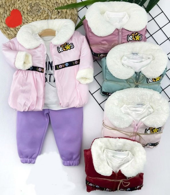 Tüylü Yaka Manşet Mont Lastik Paça Pantolon Uzun Kollu Sweatli 3lü Kız Bebek Takımı