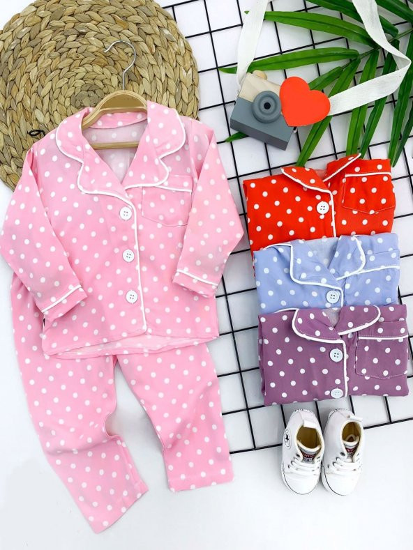 Puantiyeli Düğme Kapama 2li Kız Erkek Bebek Pijama Takımı