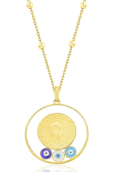 Gümüş altın yaldızlı top top zincirli nazarlı,çerçeveli, çeyrekli kolye SGTL12295GOLD ürün görseli