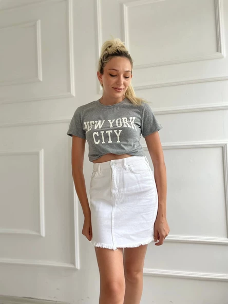 Kadın Basic Tişört Newyork City Baskılı Gri - 3