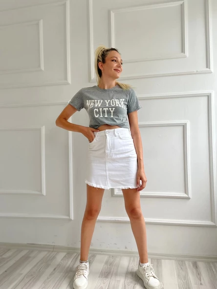 Kadın Basic Tişört Newyork City Baskılı Gri - 4