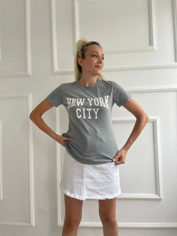 Kadın Basic Tişört Newyork City Baskılı Gri