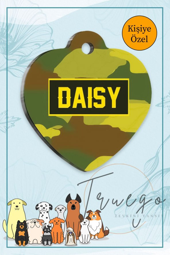 Yeşil Kamuflaj Desenli Kedi Köpek Künyesi Kalp Şekilli