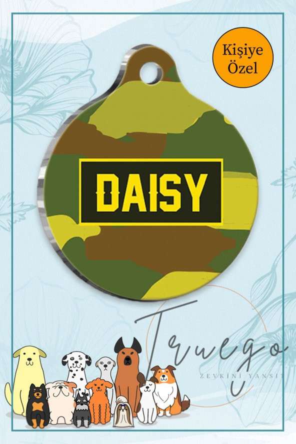 Yeşil Kamuflaj Desenli Kedi Köpek Künyesi Yuvarlak Şekilli