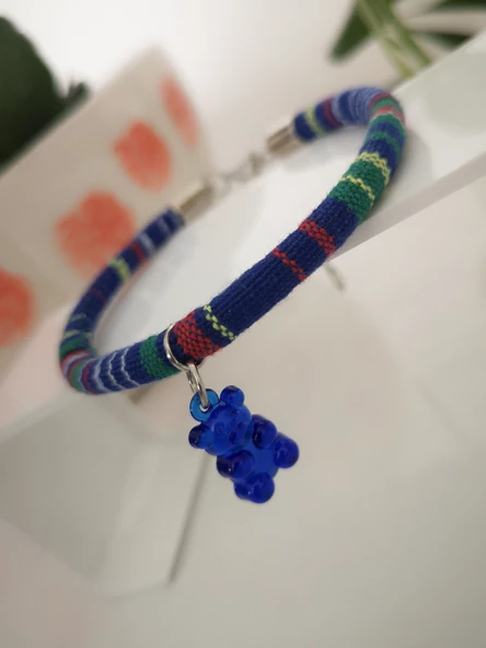 Kedi Köpek Boyun Tasması Bohem Kedi Kolyesi Renkli Jelibon Ayıcık - Mavi - 2