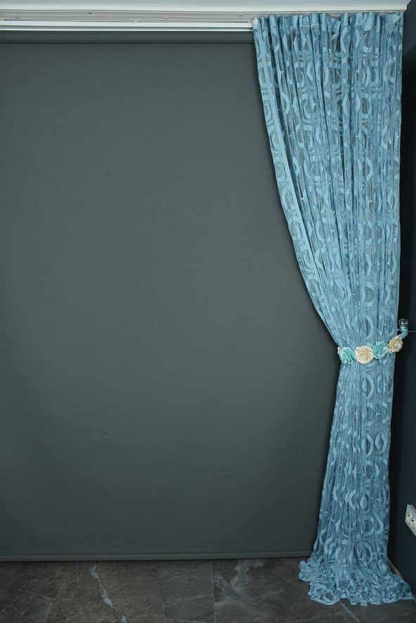 VAKKO  MODEL MAVİ RENK İP PERDE HAZIR DÜĞMELERİ DİKİLMİŞ İP PERDE 300*270 cm - 2