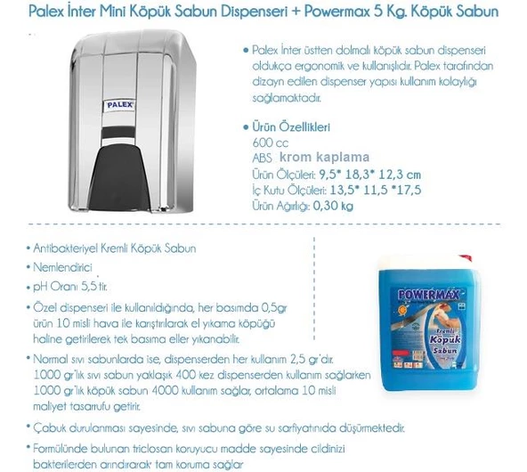 Palex Krom İnter Mini Köpük Sabun Dispenseri + Powermax 5 KG Köpük Sabun-3452-D-K - 5