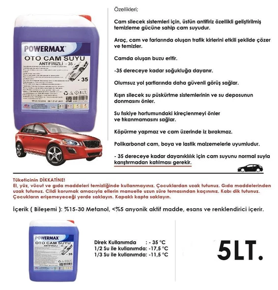 Powermax Antifirizli Oto Cam Suyu -35 Derece - 2