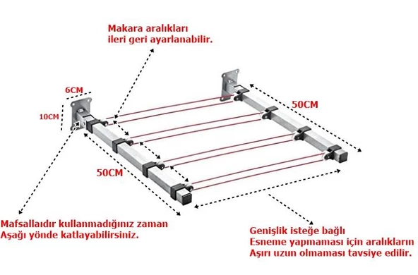 Duvara Monteli Paslanmaz Makaralı Katlanır Çamaşır Askısı-İP HEDİYELİ - 5