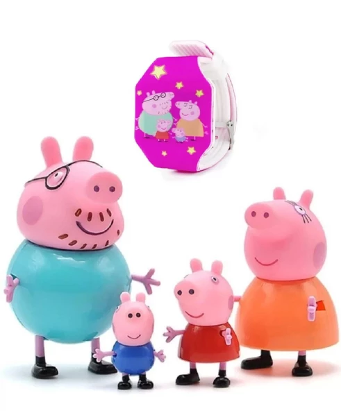 Peppa Pig Ailesi 4 lü figür ve Peppa Ailesi Led Saat ( 2 li paket )