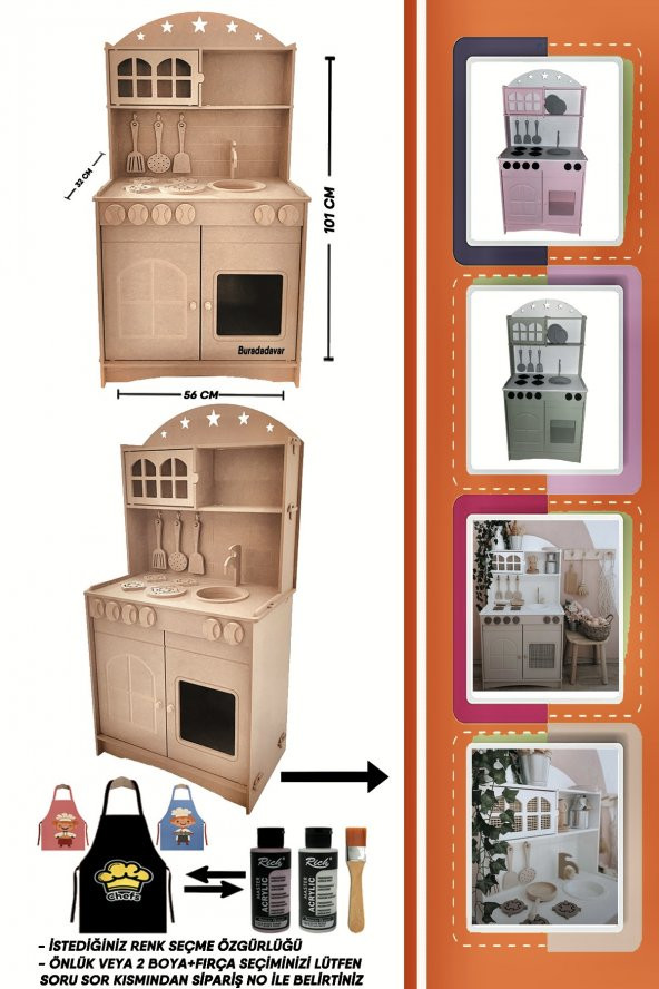 Mutfak Montessori Boyanabilir Oyuncak Set + 2 Adet Boya ve Fırça VEYA Önlük