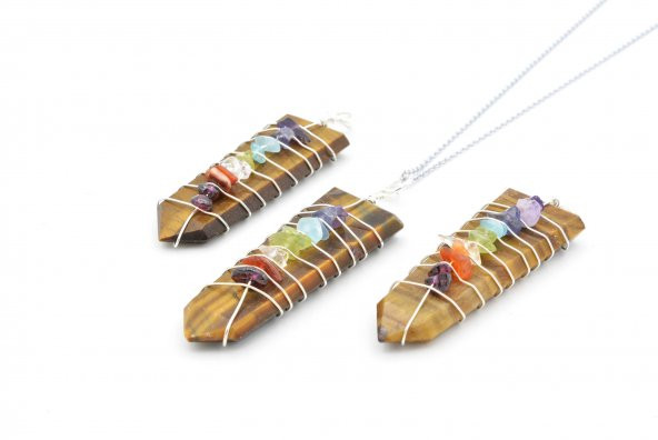 Hakiki Doğal Karışık Çakra Taşlı Kaplan Gözü Taşı Kolye Ucu 1.Kalite 001 ürün görseli 1