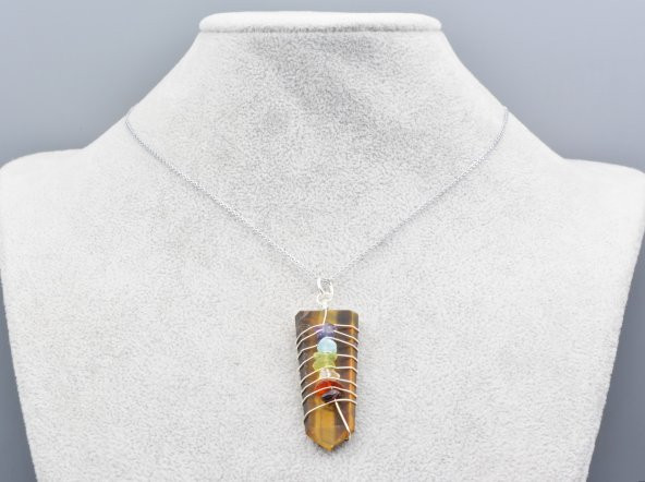 Hakiki Doğal Karışık Çakra Taşlı Kaplan Gözü Taşı Kolye Ucu 1.Kalite 001 - Resim 2