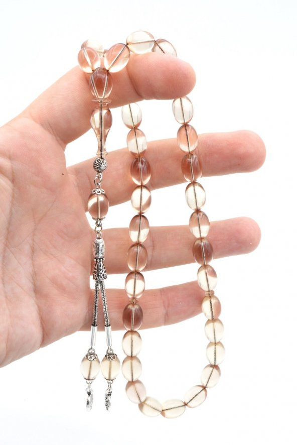 0.6 Şeffaf Delim Beyzi Kesim Şeffaf Ateş Kehribar Tesbih - Resim 4