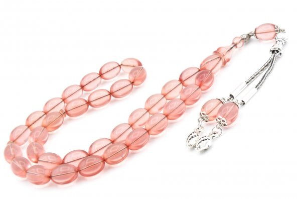 0.6 Şeffaf Delim Beyzi Kesim Açık Pembe Ateş Kehribar Tesbih - Resim 2