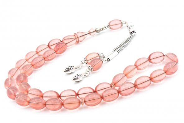 0.6 Şeffaf Delim Beyzi Kesim Açık Pembe Ateş Kehribar Tesbih - Resim 3