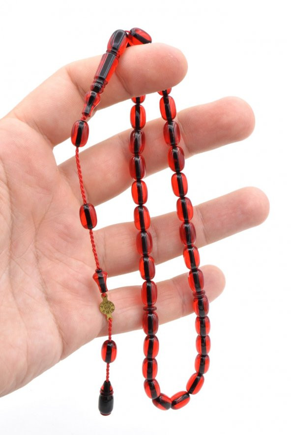 Ahmet Emin İmzalı Kapsül Kesim Kırmızı Sıkma Kehribar Tesbih - Resim 4