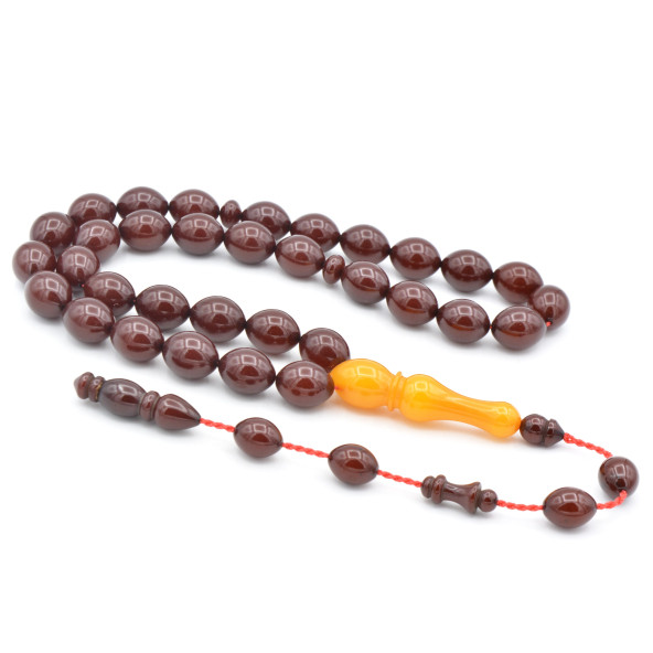 Usta İşi Beyzi Tıraşlı İmameli Vişne Rengi Sıkma Kehribar Tesbih ürün görseli 1