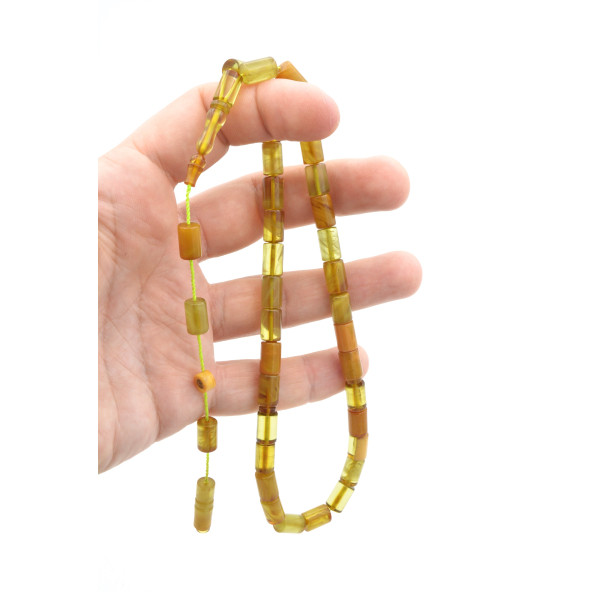 Ahmet Dağ İmzalı Kesme Model Beyaz Yeşil Sıkma Kehribar Tesbih - Resim 3