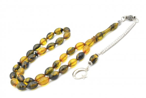 Kaplama Kamçılı Beyzi Kesim Sarı Siyah Sıkma Kehribar Tesbih - Resim 2