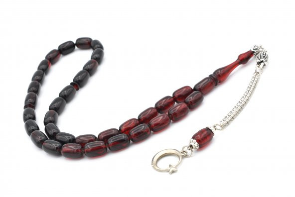 Kaplama Kamçılı Kapsül Kesim Kırmızı Siyah Sıkma Kehribar Tesbih - Resim 2