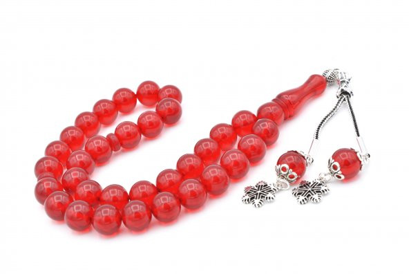 Gümüş Kaplama Püsküllü Küre Kırmızı Sıkma Kehribar Tesbih - 2