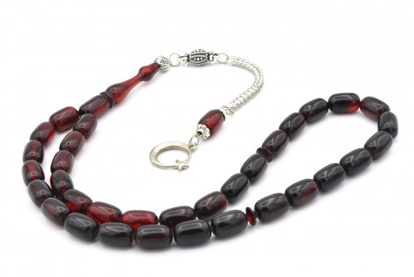 Kaplama Kamçılı Kapsül Kesim Kırmızı Siyah Sıkma Kehribar Tesbih - Resim 3