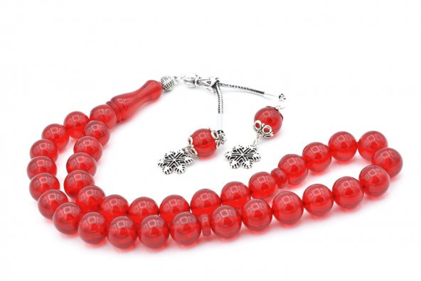 Gümüş Kaplama Püsküllü Küre Kırmızı Sıkma Kehribar Tesbih - 3