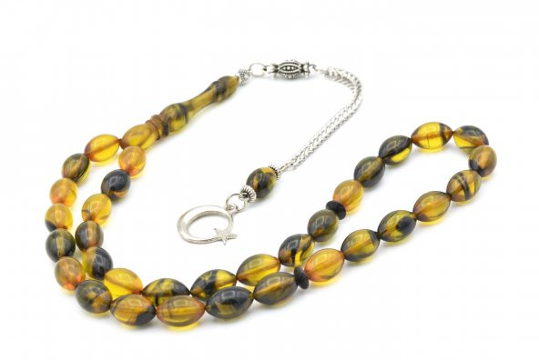 Kaplama Kamçılı Beyzi Kesim Sarı Siyah Sıkma Kehribar Tesbih - Resim 3