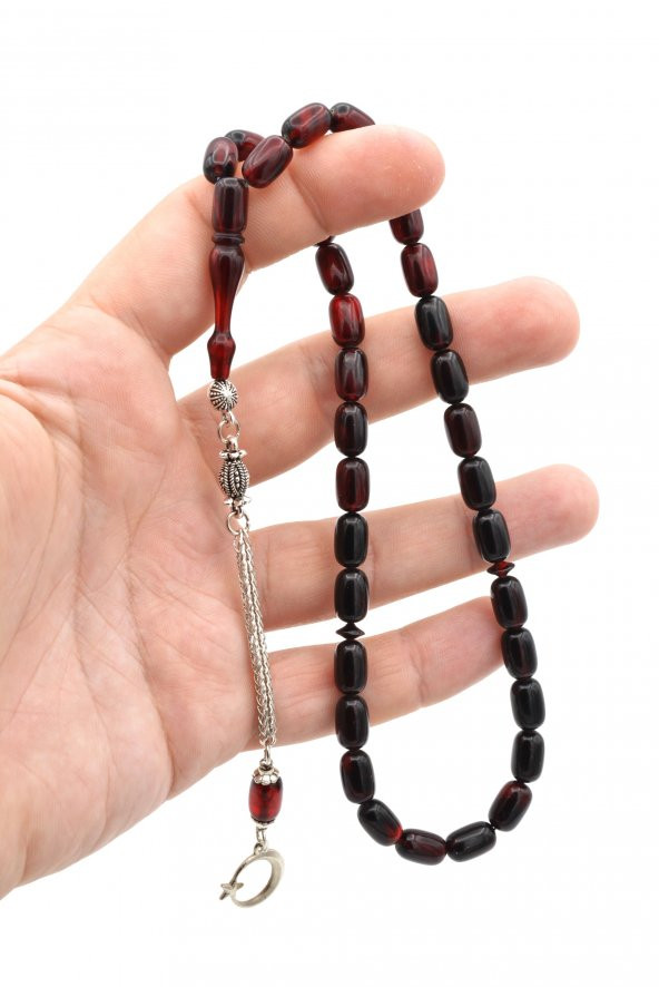 Kaplama Kamçılı Kapsül Kesim Kırmızı Siyah Sıkma Kehribar Tesbih - Resim 4