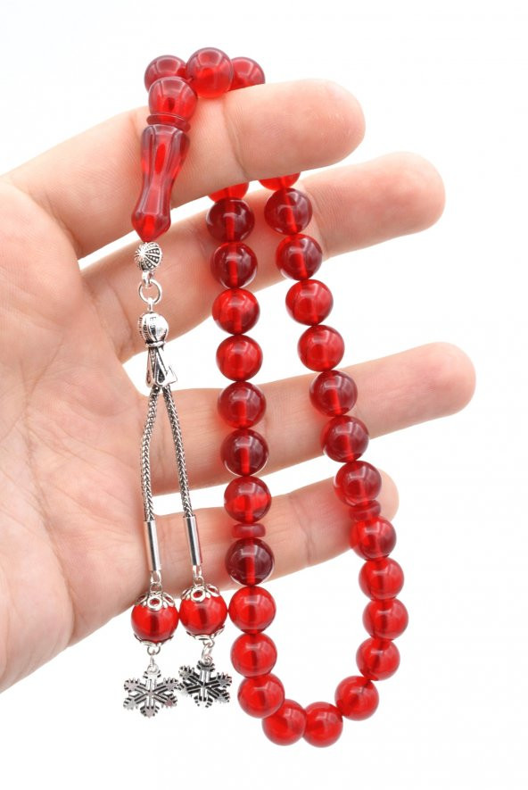 Gümüş Kaplama Püsküllü Küre Kırmızı Sıkma Kehribar Tesbih - 4