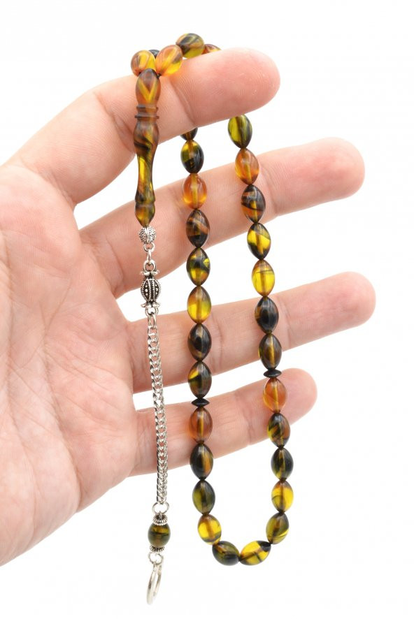 Kaplama Kamçılı Beyzi Kesim Sarı Siyah Sıkma Kehribar Tesbih - Resim 4