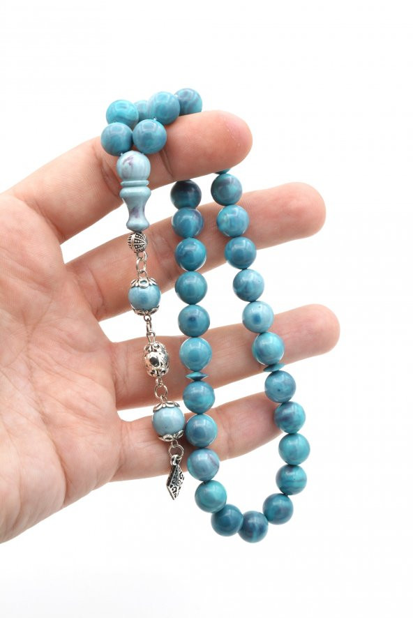 Şenalp Model Küre Kesim Turkuaz Sıkma Kehribar Tesbih - Resim 4