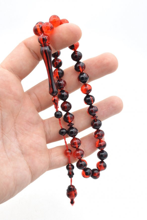 Usta İşi Sistemli Sığırcık Kesim Kırmızı Siyah Uçak Camı Tesbih - Resim 4