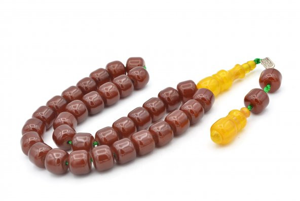 Dabbas İmzalı Fıçı Kesim Kahverengi Sıkma Kehribar Tesbih İri Boy - 2