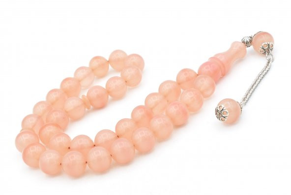 Gümüş Kaplama Kamçılı Küre Kesim Açık Pembe Sıkma Kehribar Tesbih - 2