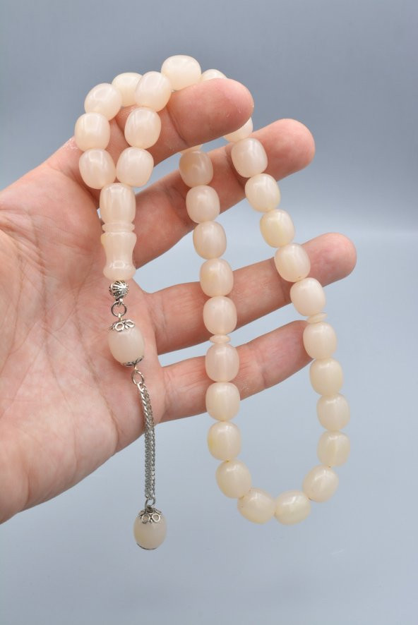 Gümüş Kaplama Kamçılı Fıçı Kesim Beyaz Katalin Tesbih İri Boy - Resim 4