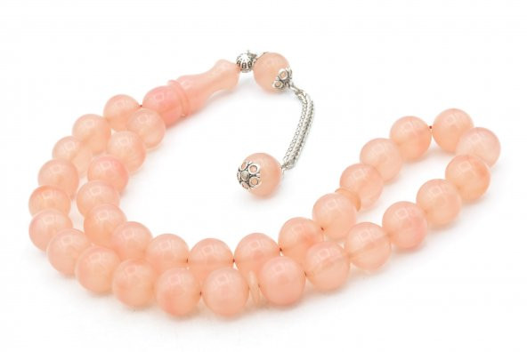 Gümüş Kaplama Kamçılı Küre Kesim Açık Pembe Sıkma Kehribar Tesbih - 3