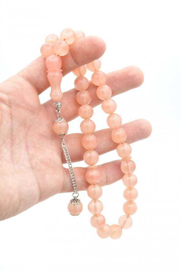 Gümüş Kaplama Kamçılı Küre Kesim Açık Pembe Sıkma Kehribar Tesbih - 4