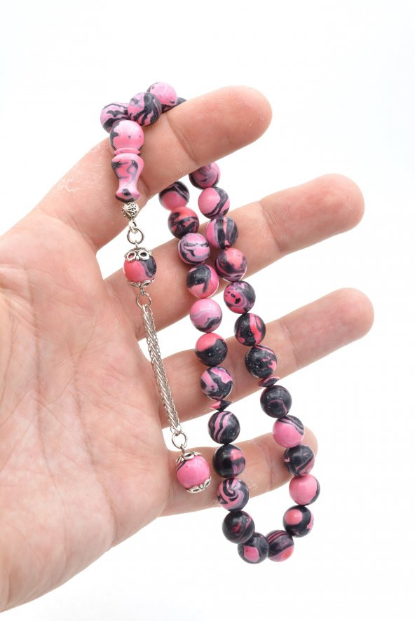 Gümüş Kaplama Kamçılı Küre Kesim Siyah Pembe Sıkma Kehribar Tesbih - 4