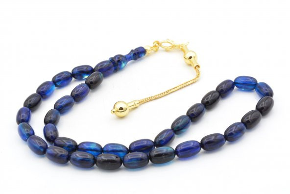 Sarı Gümüş Kaplama Püsküllü Badem Kesim Lacivert Sıkma Kehribar Tesbih - Resim 3