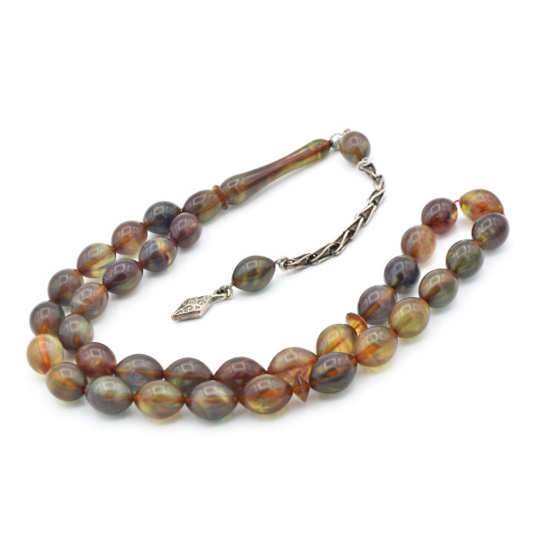 Gümüş Kaplama Kamçılı Colorist Sedefli Sıkma Kehribar Tesbih 003 - Resim 2