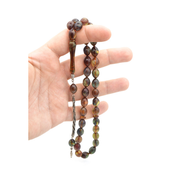 Gümüş Kaplama Kamçılı Colorist Sedefli Sıkma Kehribar Tesbih 003 - Resim 3