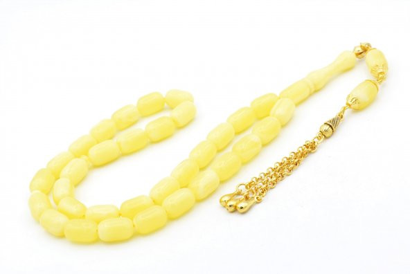 Sarı Gümüş Kaplama Püsküllü Kapsül Kesim Beyrut Damla Kehribar Tesbih - Resim 3