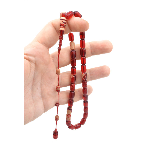 Bünyamin Barlak İmzalı Kapsül Kesim Kırmızı Beyaz Sıkma Kehribar Tesbih - Resim 3